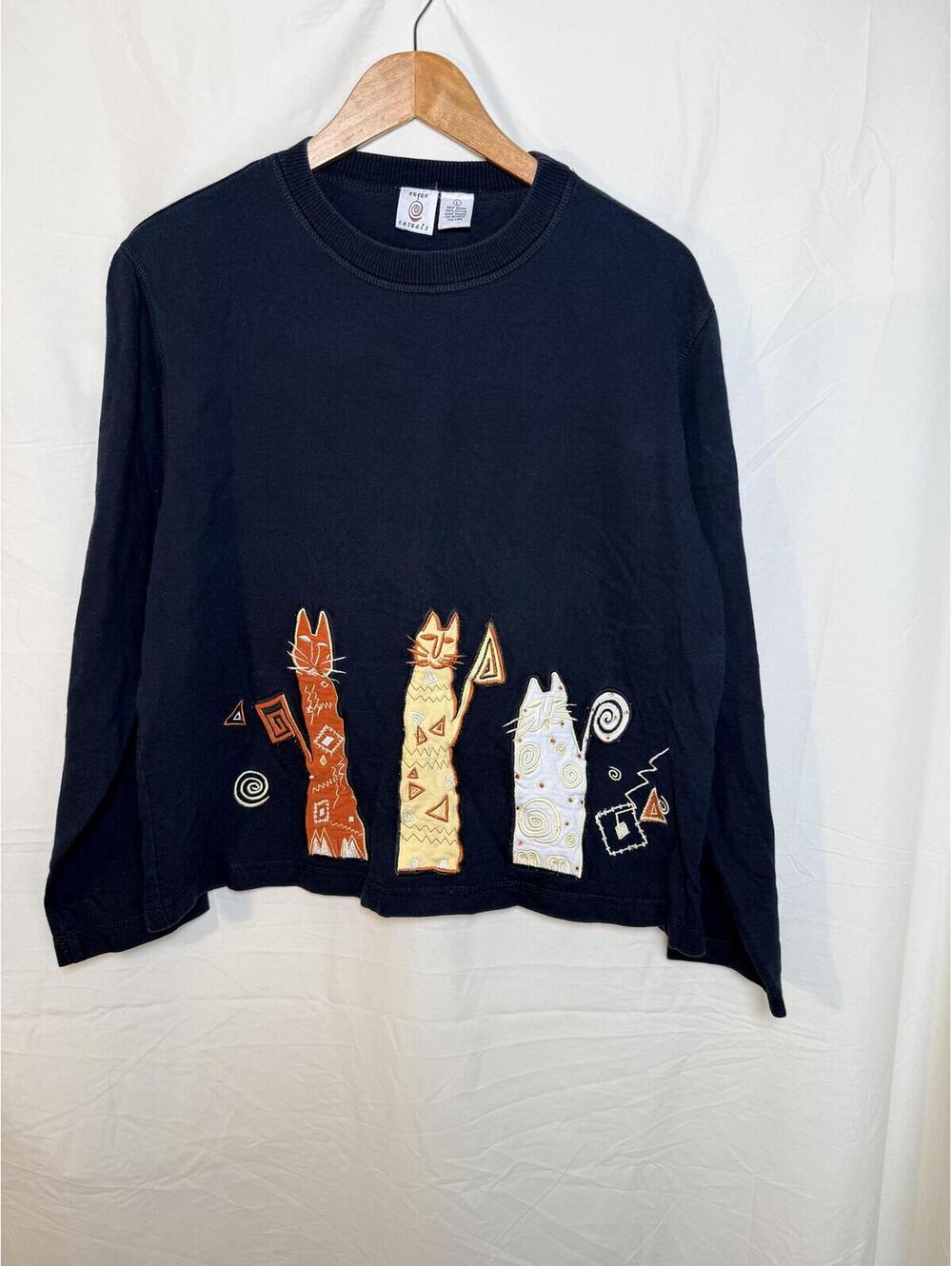 Vintage 90s Onque Casuals Black Cat Applique Long Sleeve Tee Shirt Womens L